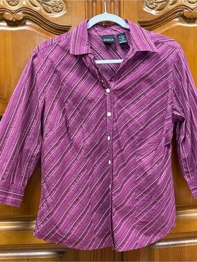 Erika Purple Metallic Stripe Button Front 3/4 Sleeve Blouse Large
